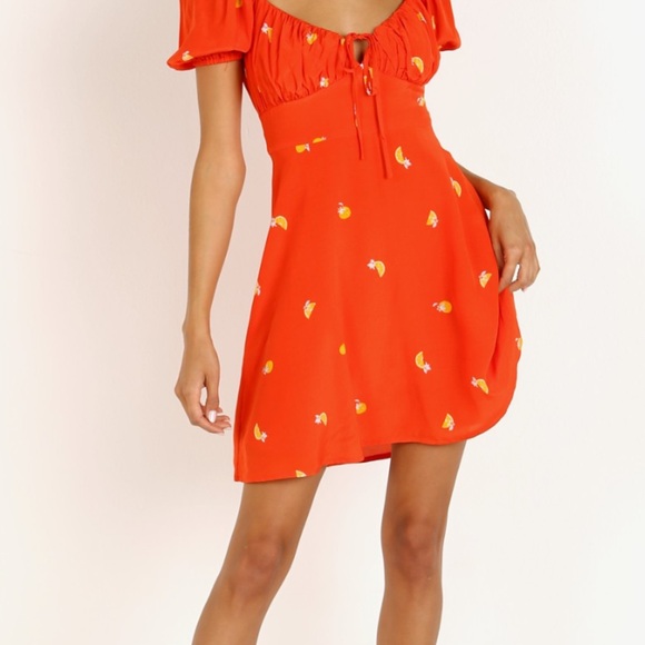 Orange Puff Sleeve Dress with Floral Accents - Picture 3 of 3